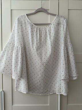 Boden White Cotton Peasant Top with Gold Foil Dots & Bell Sleeves, 16